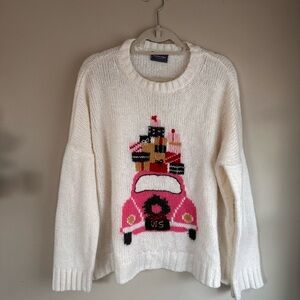 Wooden Ships White Sweater with Pink Car Design